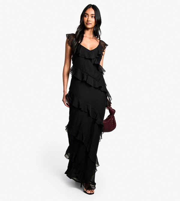 Chiffon Ruffled Strappy Maxi Dress