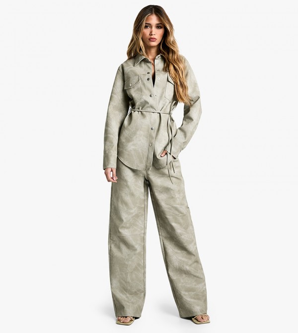 Washed Faux Leather Straight Fit Trousers