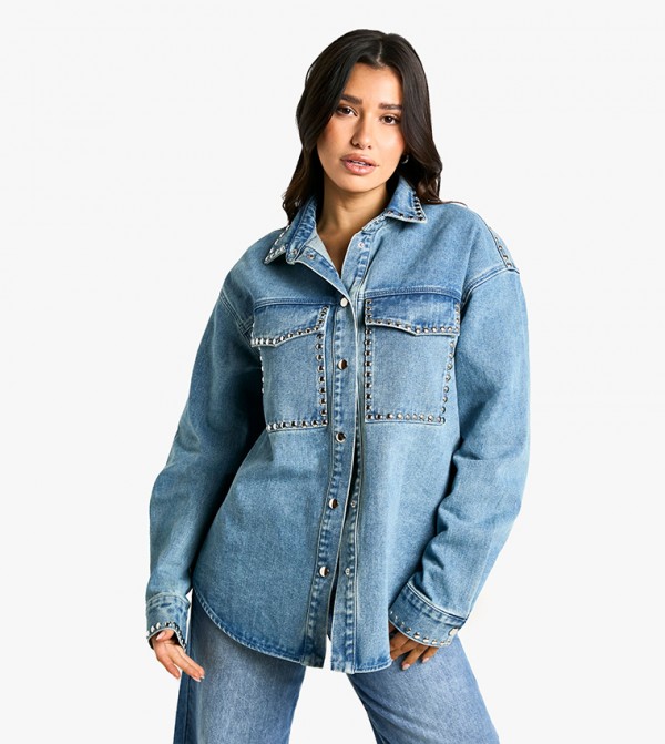 Tall Stud Detail Denim Oversized Shirt