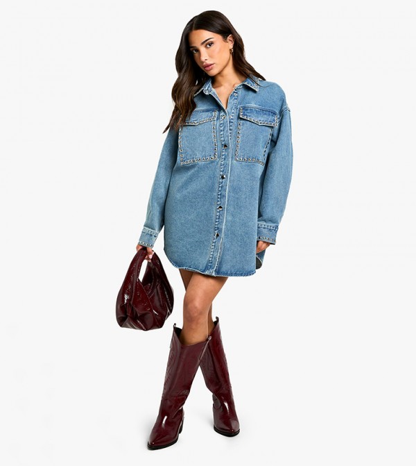 Petite Stud Detail Denim Oversized Shirt Dress