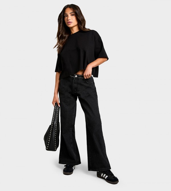 Petite Micro Stud Detail Wide Leg Jeans
