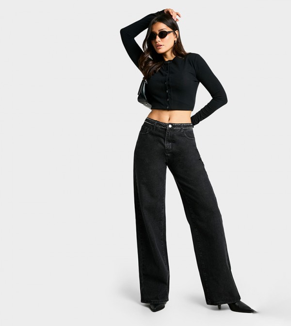 Tall Micro Stud Detail Wide Leg Jeans