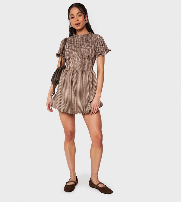 Checkered Shirred Puff Sleeves Mini Dress