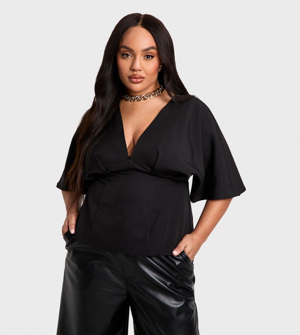 Curve Plunge Flared Sleeves Smock Top