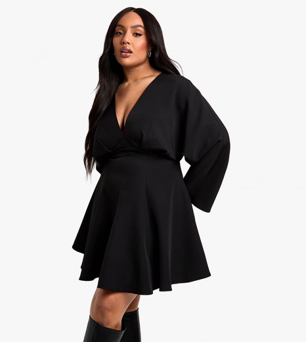 Curve Pleated Skirt Long Sleeves Skater Dress