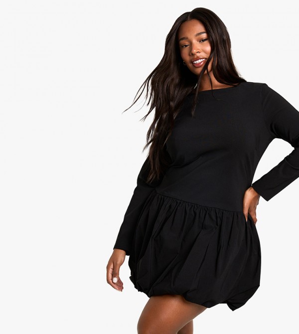 Curve Long Sleeves Puffball Mini Dress