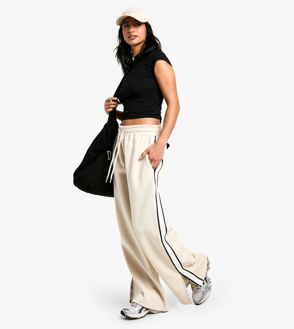 Petite Side Stripe Tape Split Hem Wide Leg Sweatpants