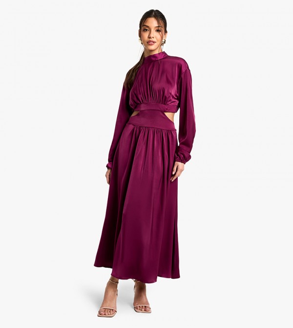 Cut-Out Detail Satin High Neck Midaxi Dress