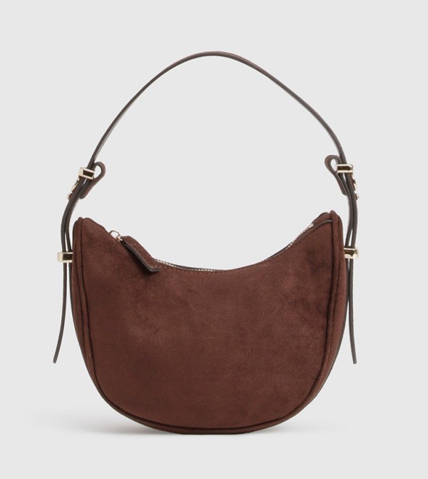 Faux Suede Half Moon Structured Shoulder Bag