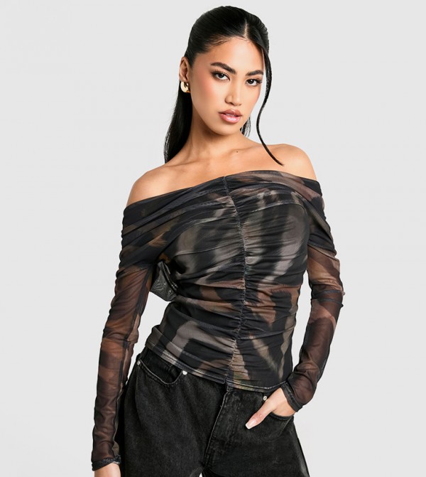 Animal Print Off Shoulder Ruched Top