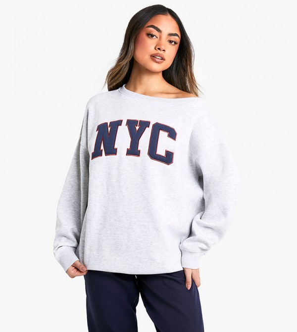 NYC Appliqued Off Shoulder Sweatshirt