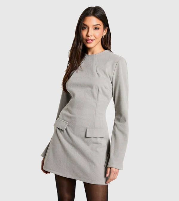 Solid Long Sleeves A-Line Mini Dress