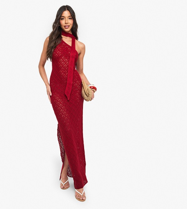 Crochet Knitted Asymmetric Shoulder Dress and Neck Tie