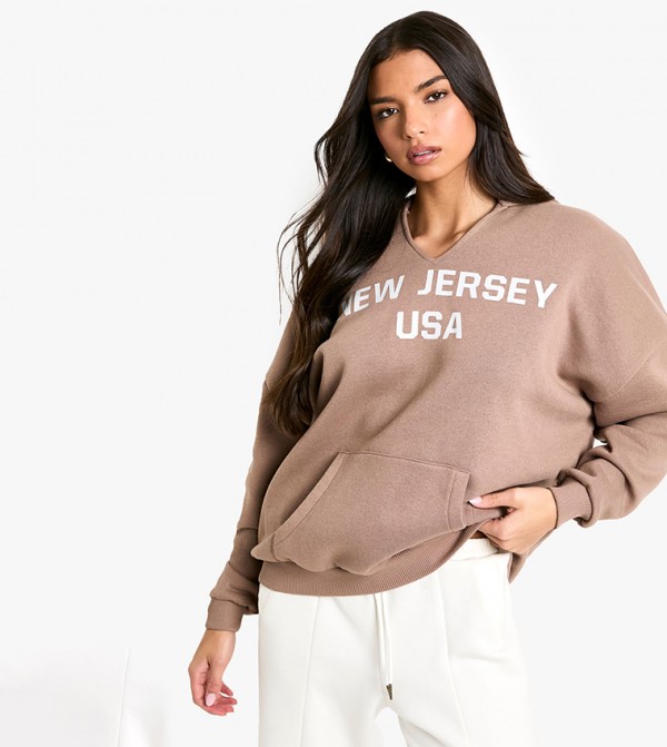 New Jersey USA Slogan Slash Neck Oversized Hoodie
