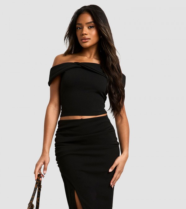 Crepe Off Shoulder Bow Detail Crop Top
