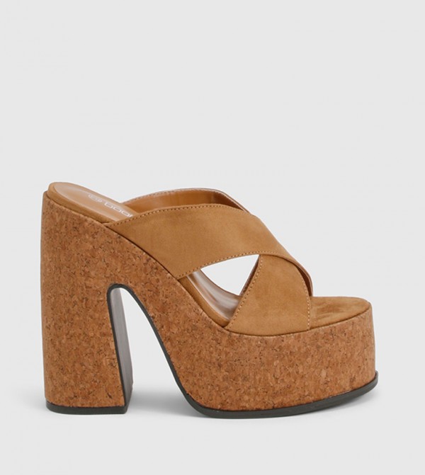 Faux Suede Crossover Cork Platform Heel Sandals