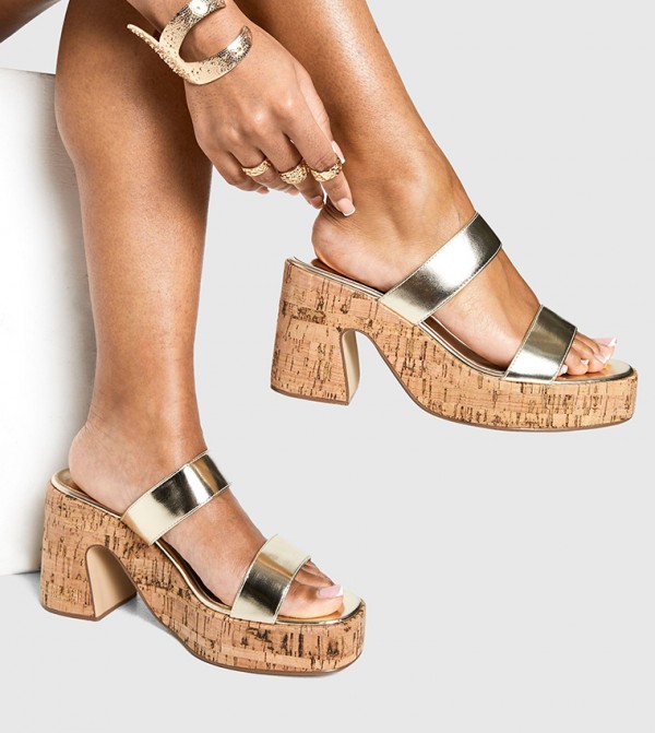 Wide Fit Double Strap Cork Platform Heeled Sandals
