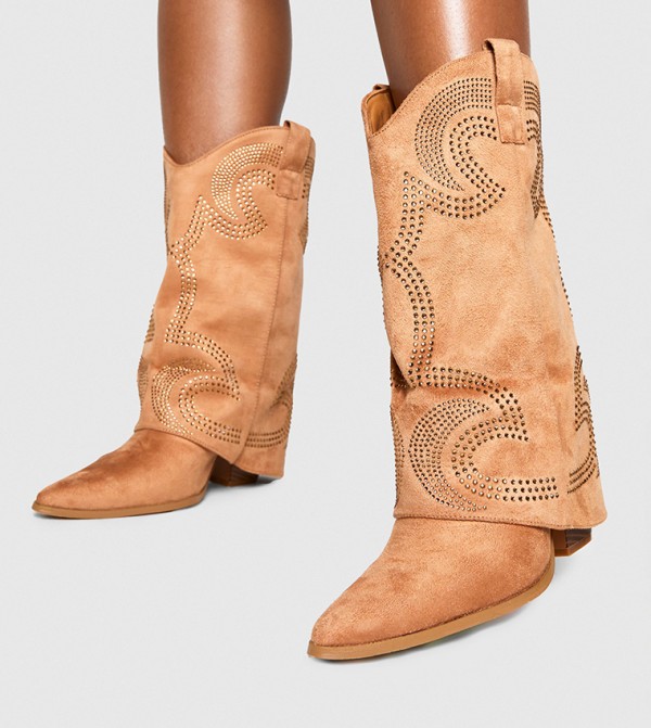 Faux Suede Studded Foldover Western Boots