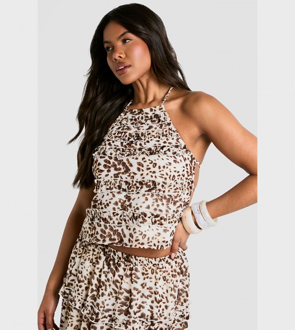 Snow Leopard Printed Ruffle Halter Neck Woven Crop Top