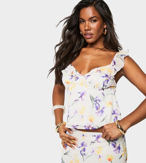 Chiffon Floral Printed Ruffle Strap Cami Top