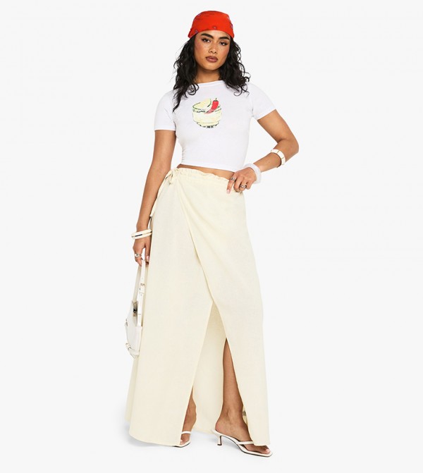Linen Look Tie Waist Wrap Maxi Skirt