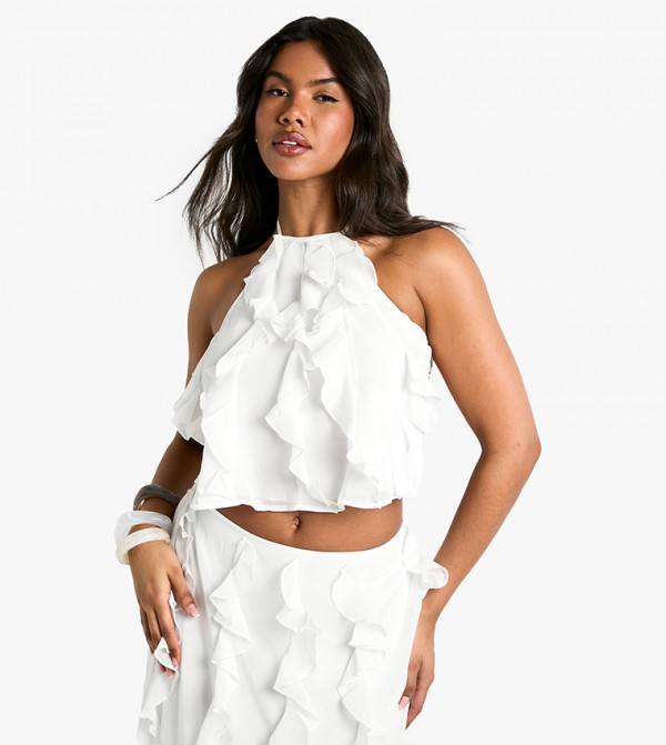 Chiffon Ruffle Halter Neck Crop Top