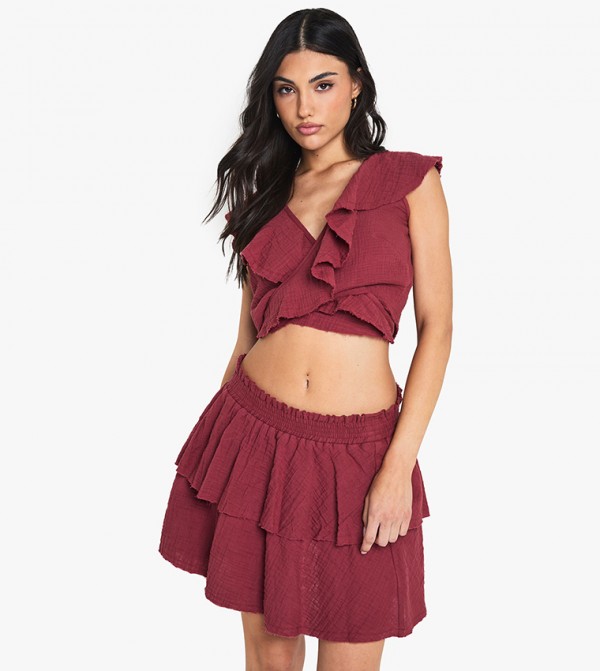 Cheesecloth Ruffle Wrap Crop Top