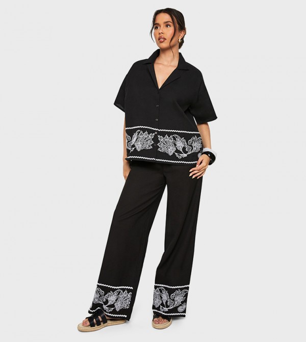 Embroidered Trim Cotton Poplin Wide Leg Trousers
