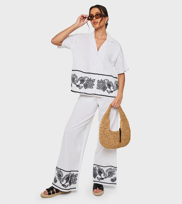 Embroidered Trim Cotton Poplin Wide Leg Trousers