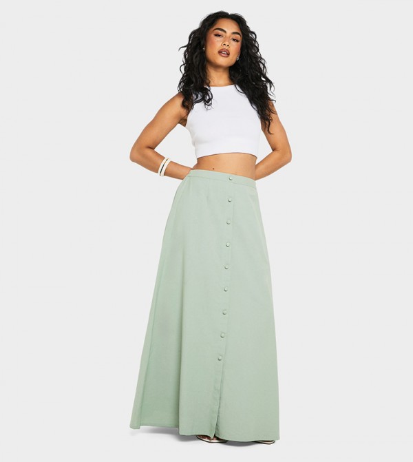 Linen Look Button Through Maxi Skirt