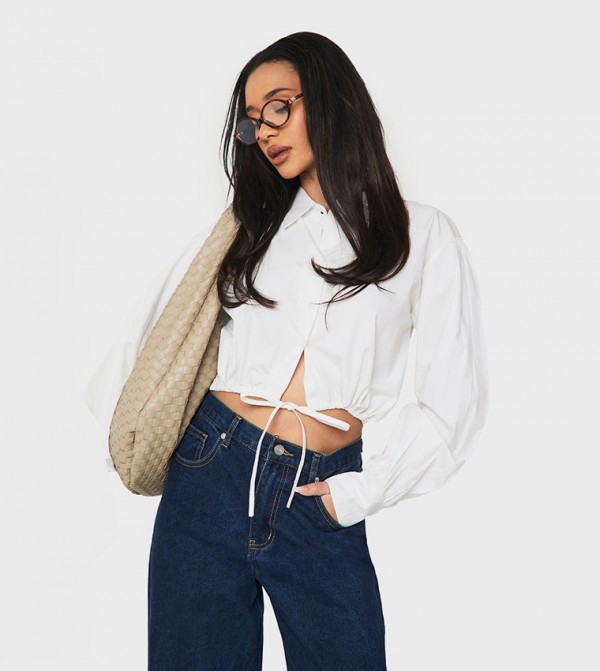 Drawstring Ruched Hem Crop Shirt
