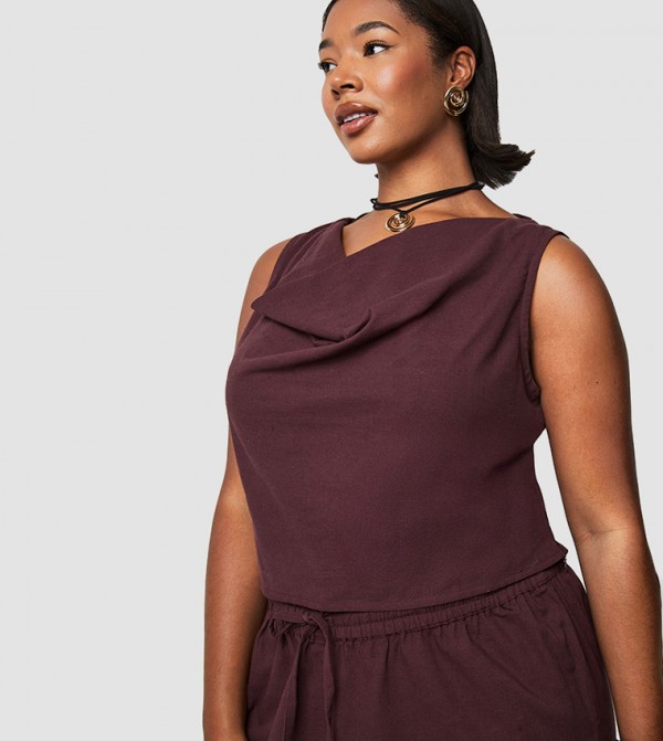 Curve Linen Look Cowl Neck Crop Top