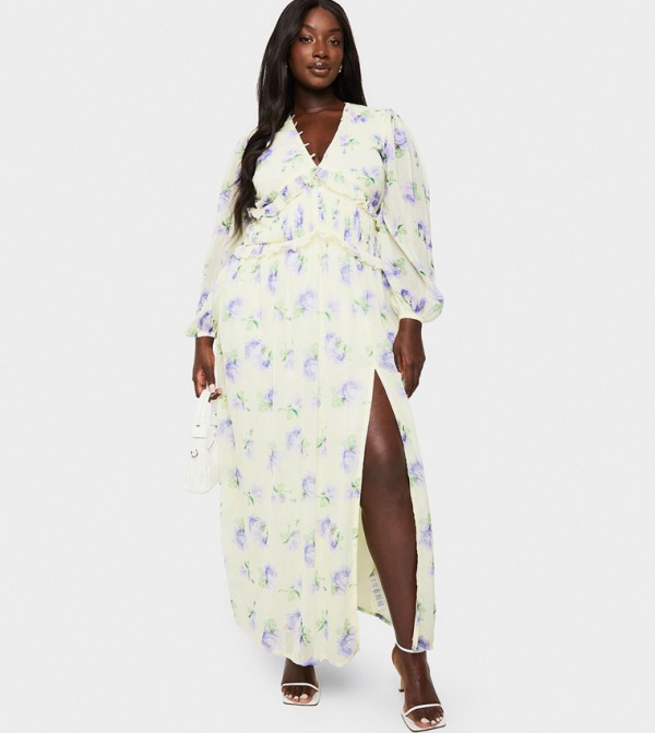 Curve Printed Long Sleeves Pleated Waist Maxi Dress