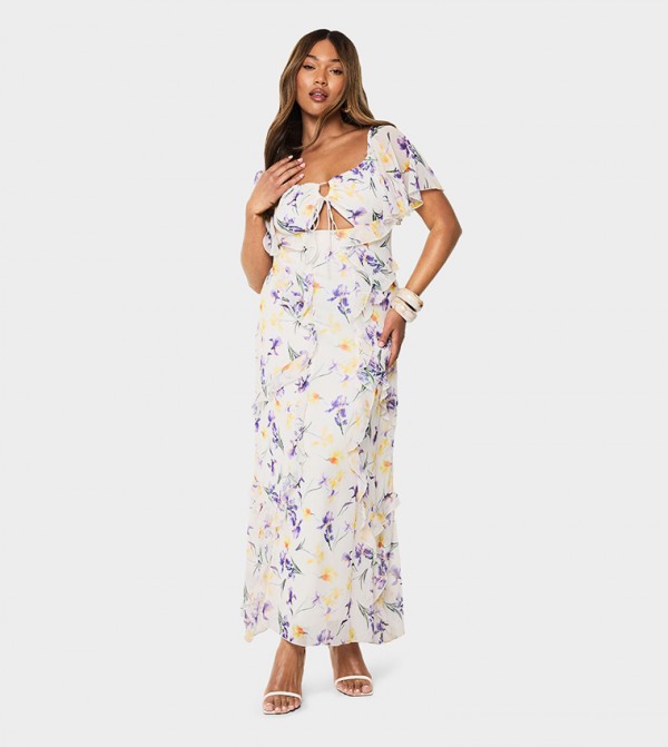 Curve Printed Chiffon Flutter Sleeves Maxi Dress
