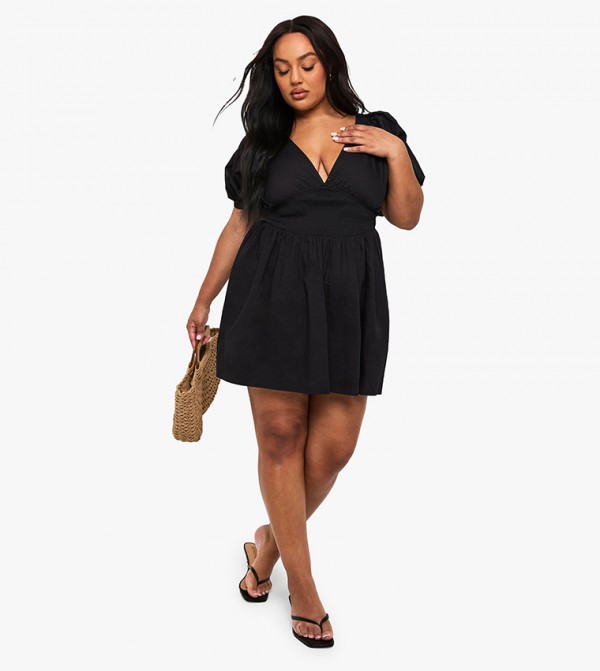Curve Cotton Puff Sleeves Tie Back Skater Dress