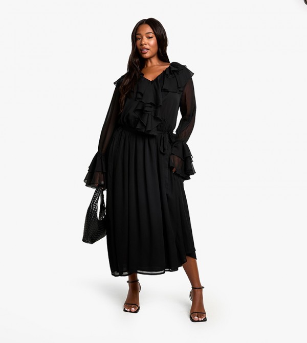 Curve Chiffon Ruffle Tie Belt Skater Maxi Dress