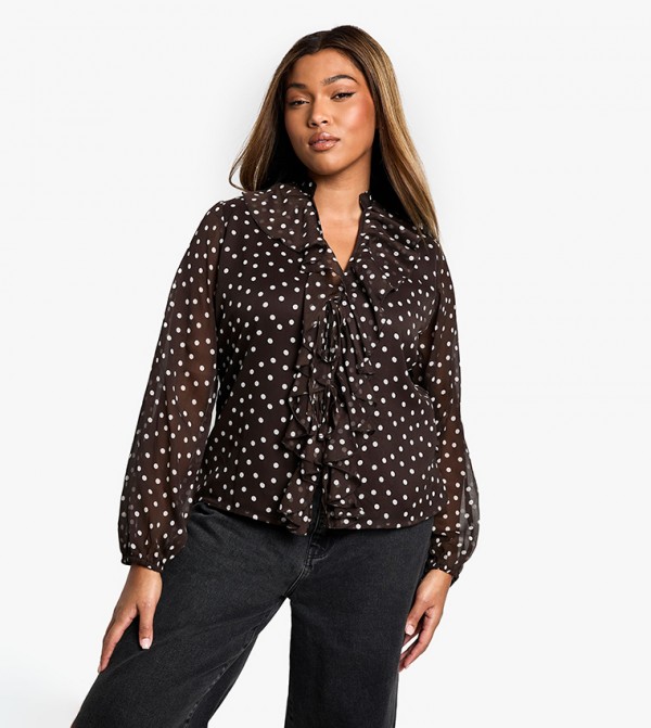 Curve Polka Dots Ruffle Long Sleeves Top