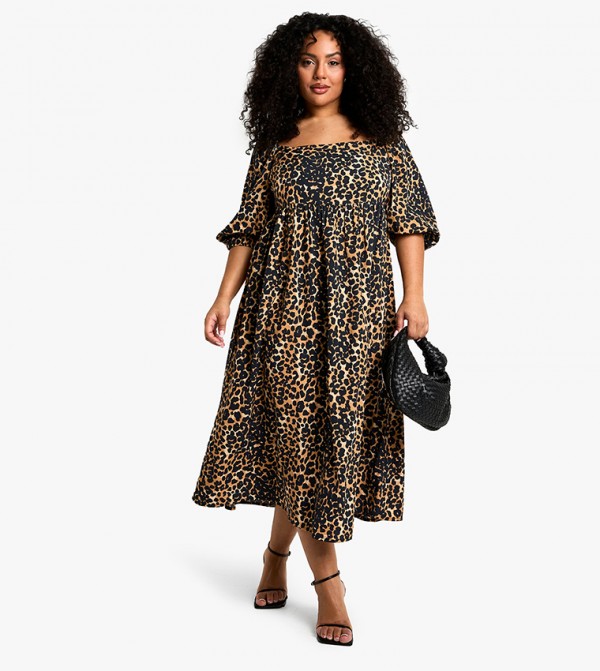 Curve Woven Puff Sleeves Tie Back Smock Midi Dress
