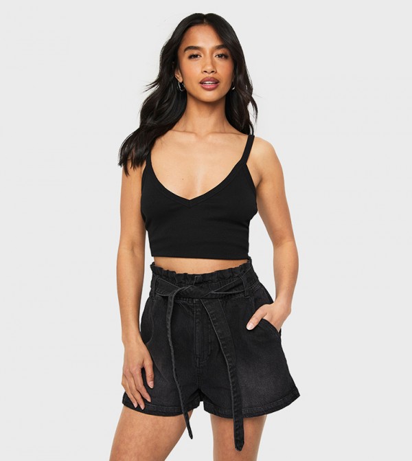 Petite Paper Bag Waist Denim Shorts