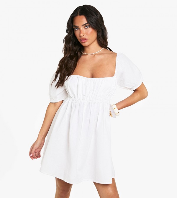 Petite Linen Puff Sleeves Smocked Mini Dress