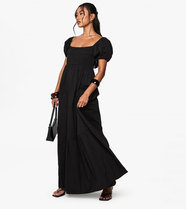Cotton Poplin Puff Sleeves Maxi Dress