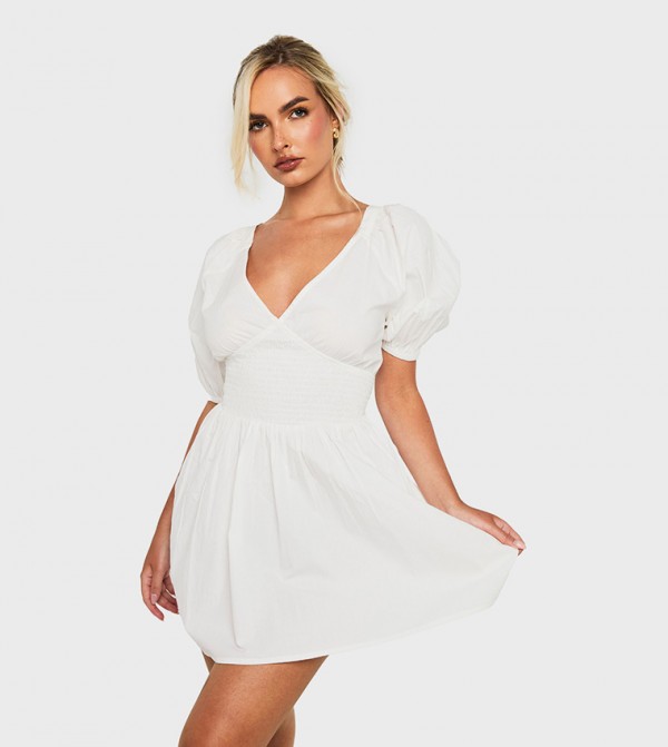 Puff Sleeves Tie Back Skater Mini Dress