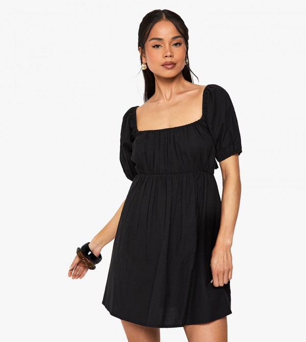 Linen Puff Sleeves Smocked Waist Mini Dress