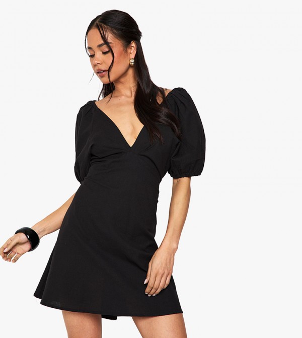 Solid V-Neck Tie Back Mini Dress