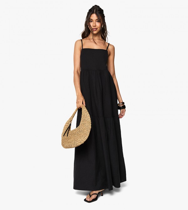 Tiered Linen Strappy Maxi Dress