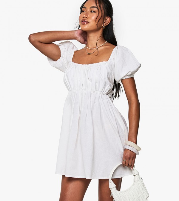 Linen Puff Sleeves Smocked Waist Mini Dress