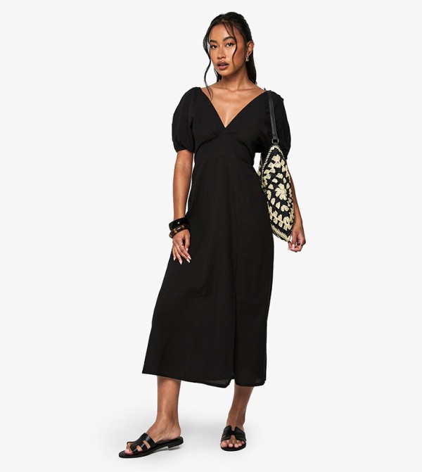 Linen Tie Back Puff Sleeves Midaxi Dress