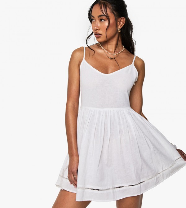 Solid Strappy Lace Trim Mini Dress