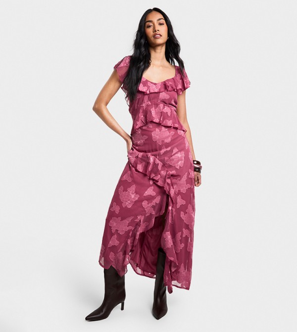 Jacquard Floral Ruffle Maxi Dress