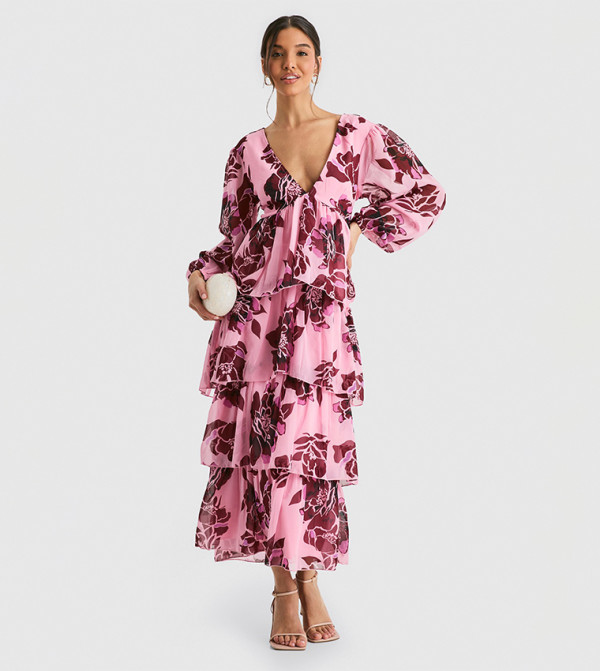 Floral Chiffon Plunge Layered Midaxi Dress